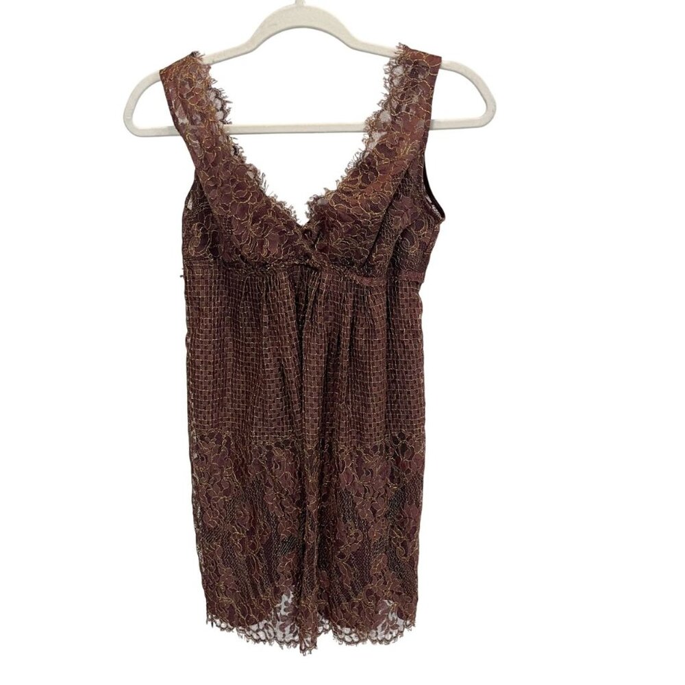BCBGMaxAzria Brown & Gold Lace Babydoll Dress Y2K Boho Cocktail - Size‎ 2